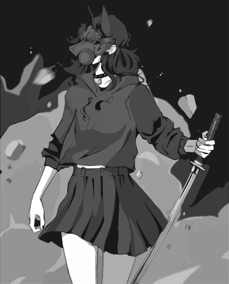 illustration i gråskale anime flickor med svärd och mask vektor