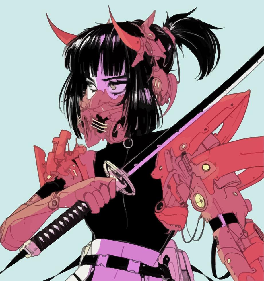 eleganta anime krigare flicka med en katana och en mask. vektor