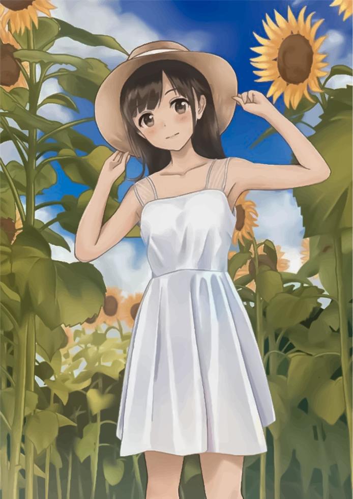 süßes Anime-Mädchen in einem Hut auf einem Hintergrund von Sonnenblumen und Himmel vektor