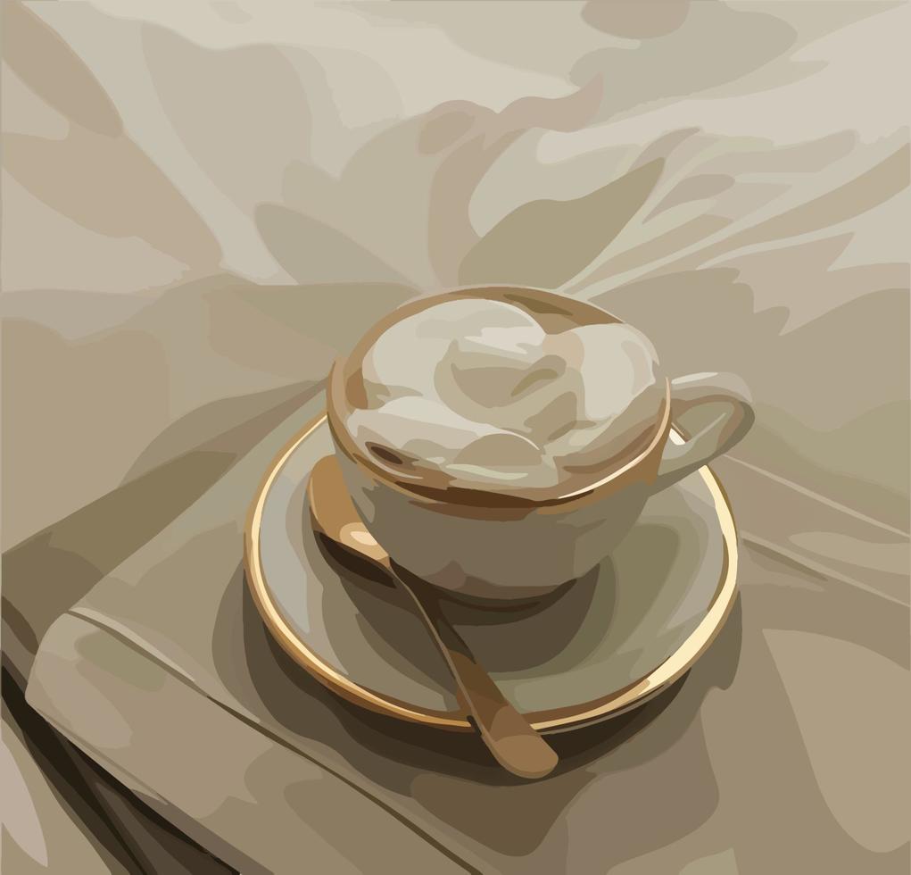 heißer latte art kaffee in weißer keramiktasse und löffel vektor