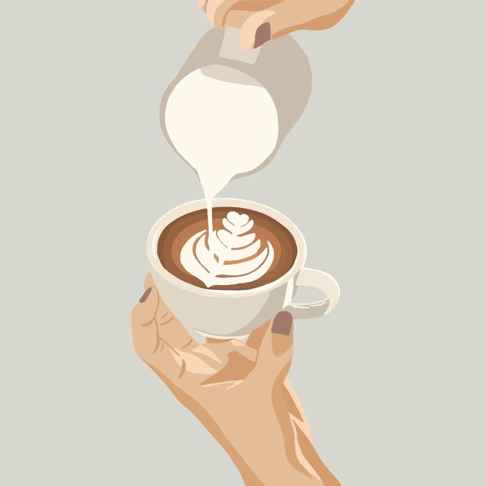 hand av Barista framställning latte eller cappuccino kaffe häller mjölk framställning latte konst. vektor illustration