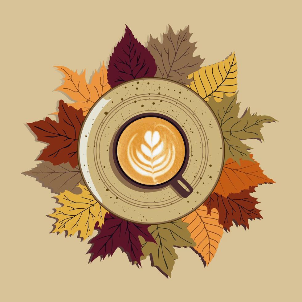 höst, falla löv, varm kopp av kaffe på en tallrik mot en bakgrund av löv. säsong, morgon- kaffe, fortfarande liv begrepp. vektor