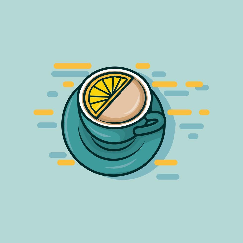 Illustration einer Tasse Cappuccino-Kaffee und extra Orangenscheiben darauf auf hellblauem Hintergrund vektor