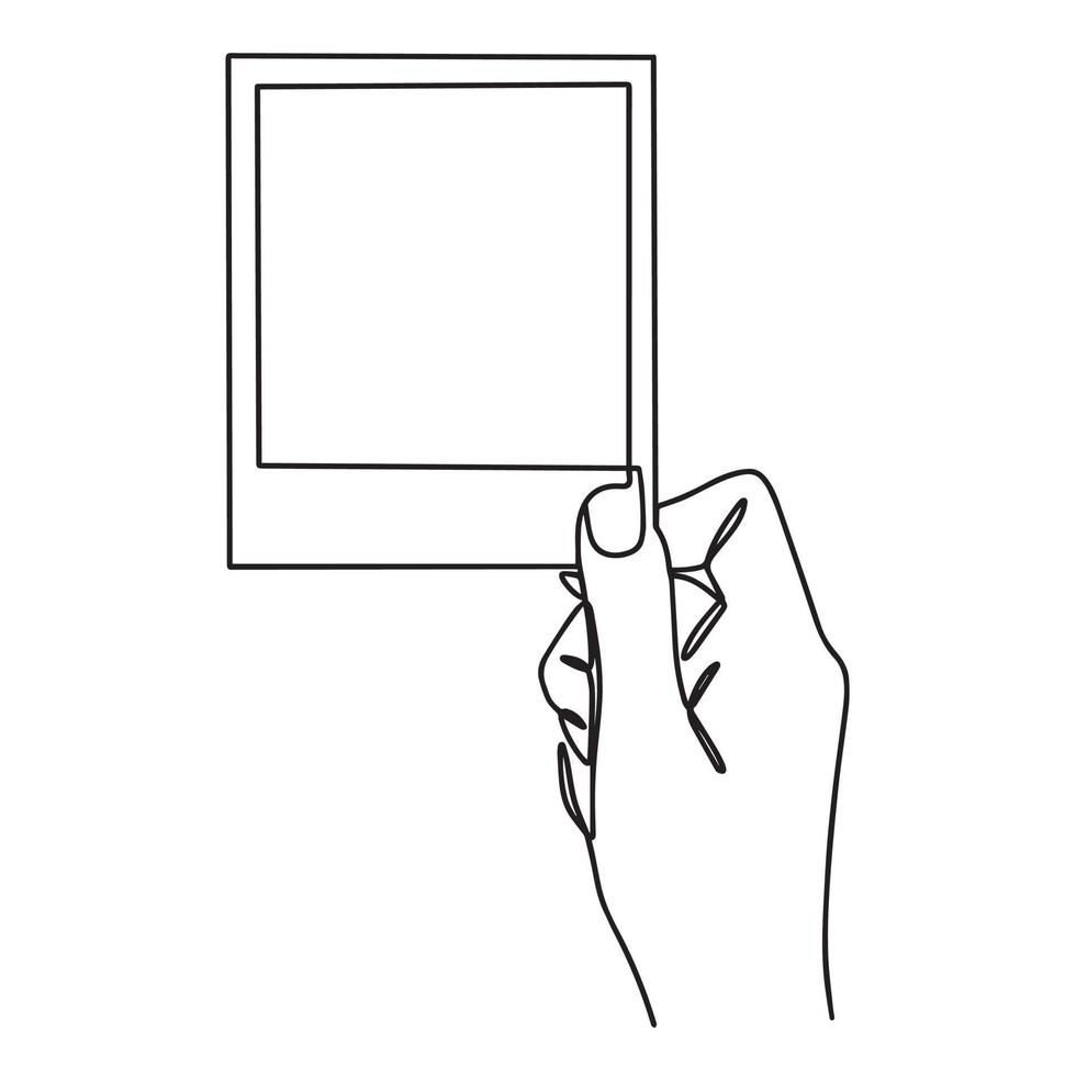 Zeichnen mit einer einzelnen Pinsellinie, die einen Retro-Fotorahmen aus Papier hält. Vektor-Illustration auf weißem Hintergrund. vektor