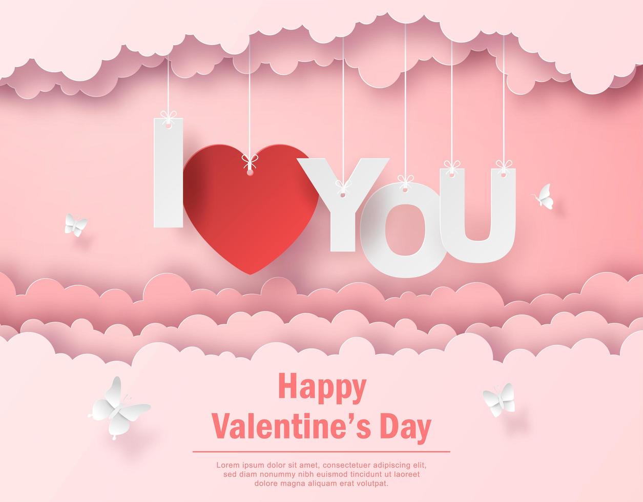Valentinstagspostkarte des hängenden Textes Ich liebe dich am Himmel, glücklicher Valentinstag vektor