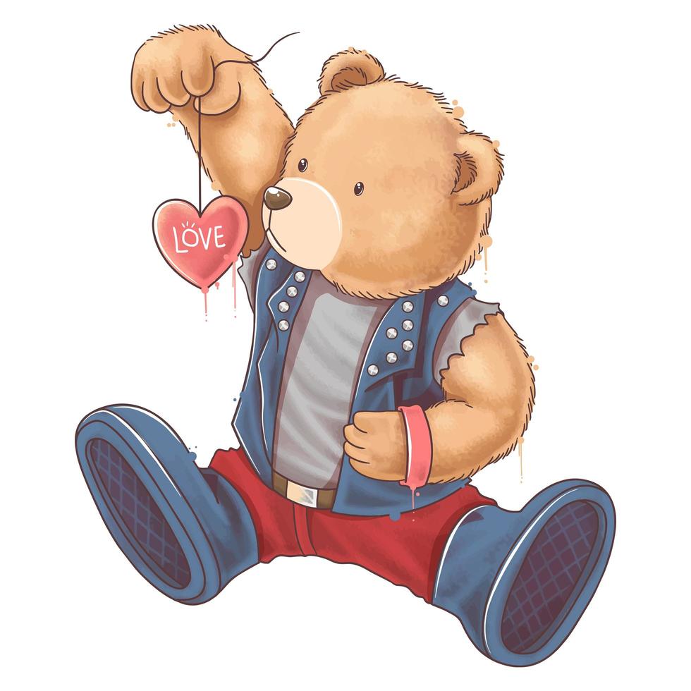 Bär Teddy trägt eine Rockerjacke mit einem Liebesherz vektor