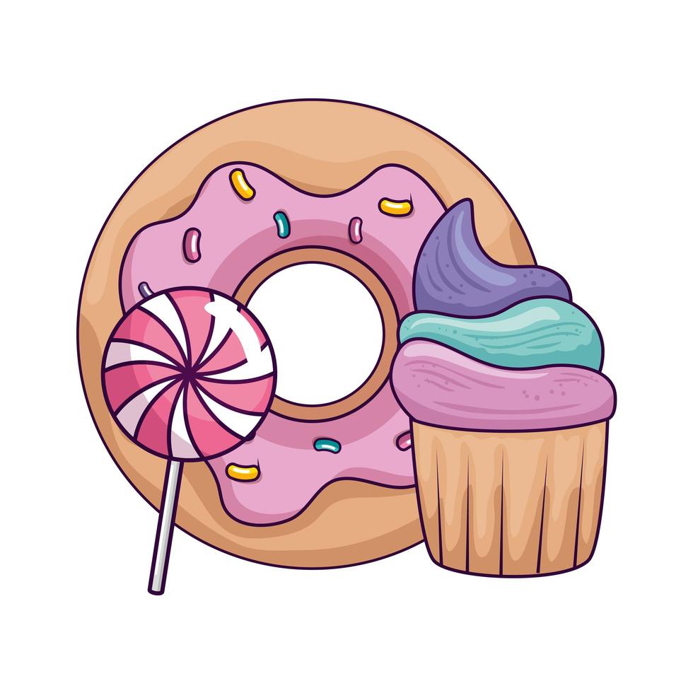 Cupcake mit Donut und Lutscher vektor