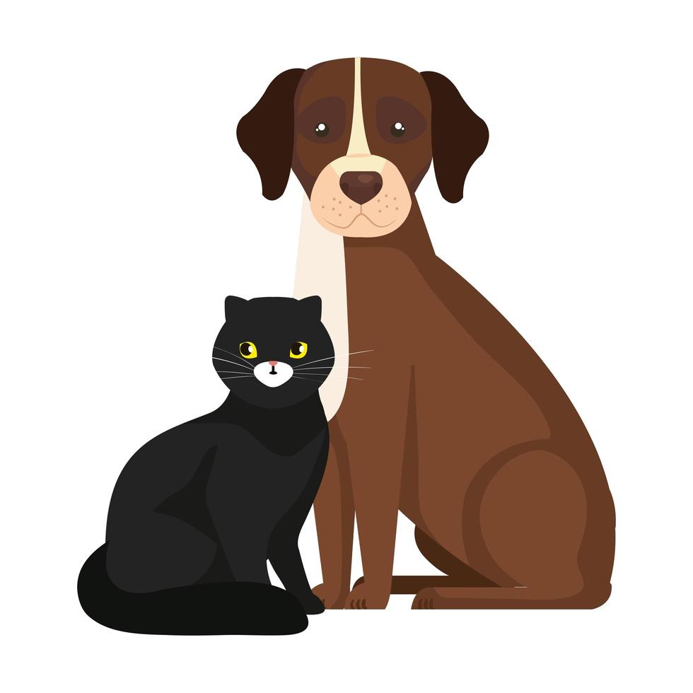 söt hund med katt svart isolerade ikoner vektor