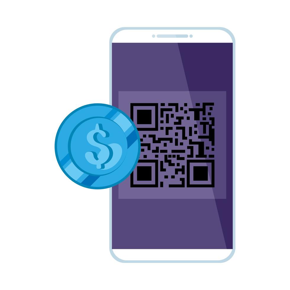 smartphone med skanningskod qr och mynt vektor