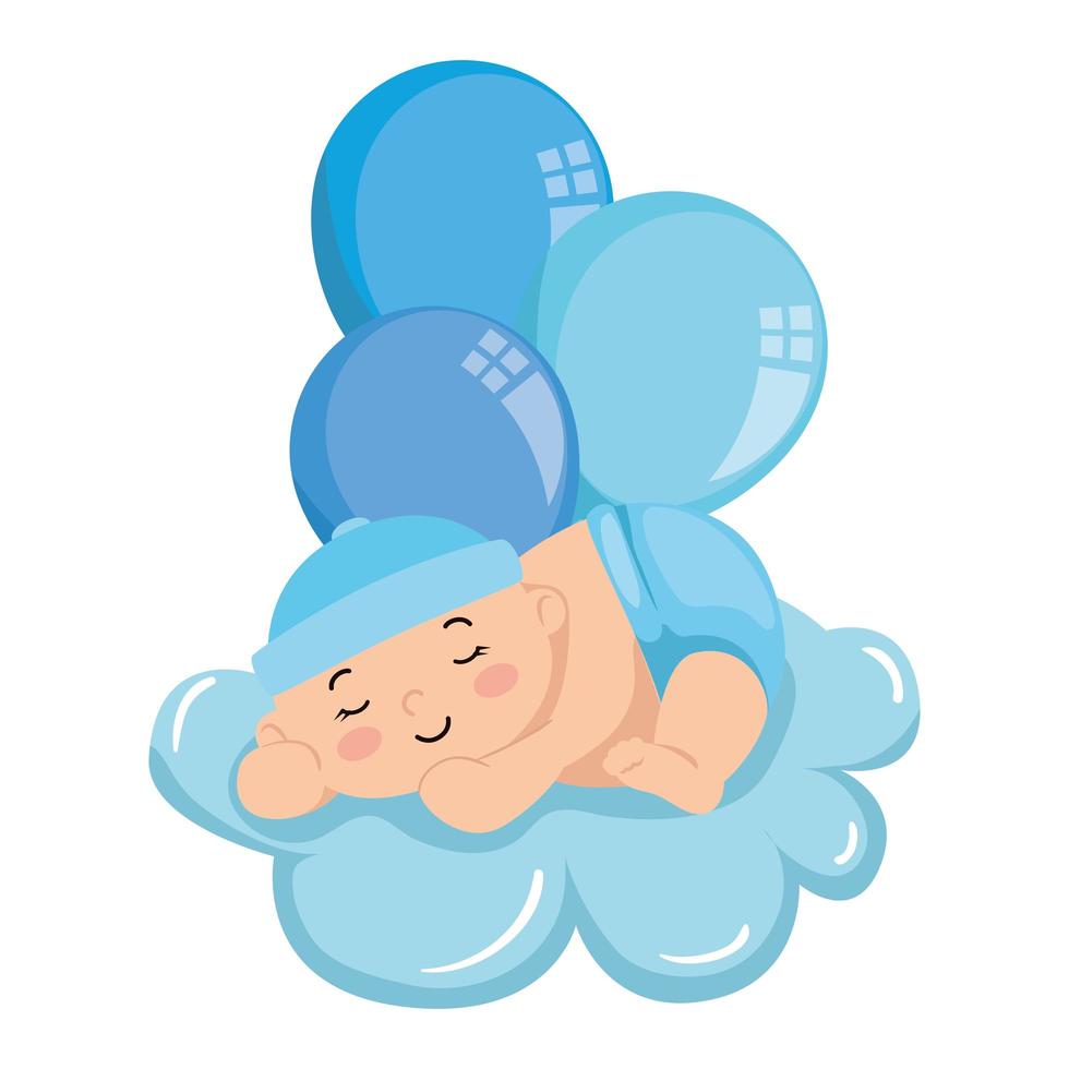niedlicher kleiner Junge, der in Wolke mit Luftballons Helium schläft vektor