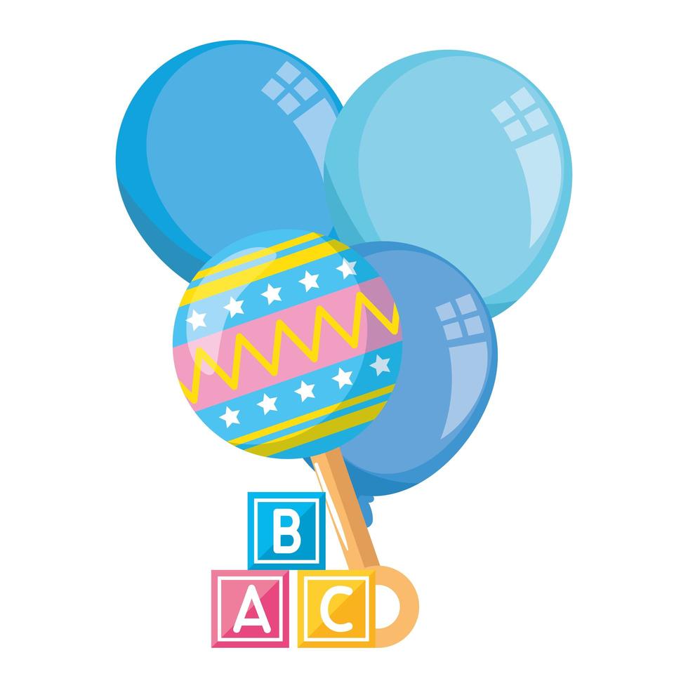 Rasselbaby mit Würfelspielzeug und Luftballons Helium vektor