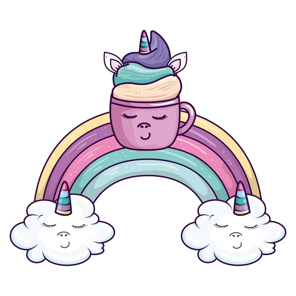 niedliche Tasse Einhorn mit Regenbogen und Wolken kawaii Stilikone vektor