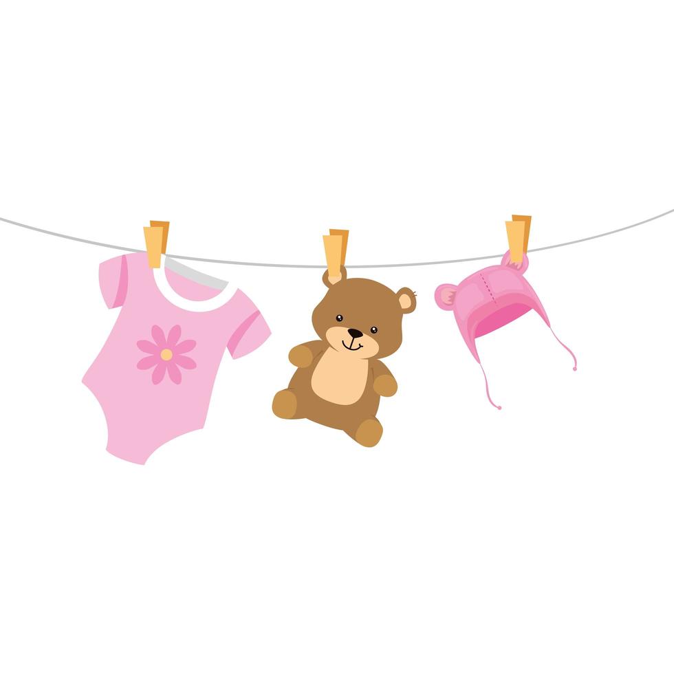 süßes Kleidungsbaby mit hängendem Bären und Hut vektor