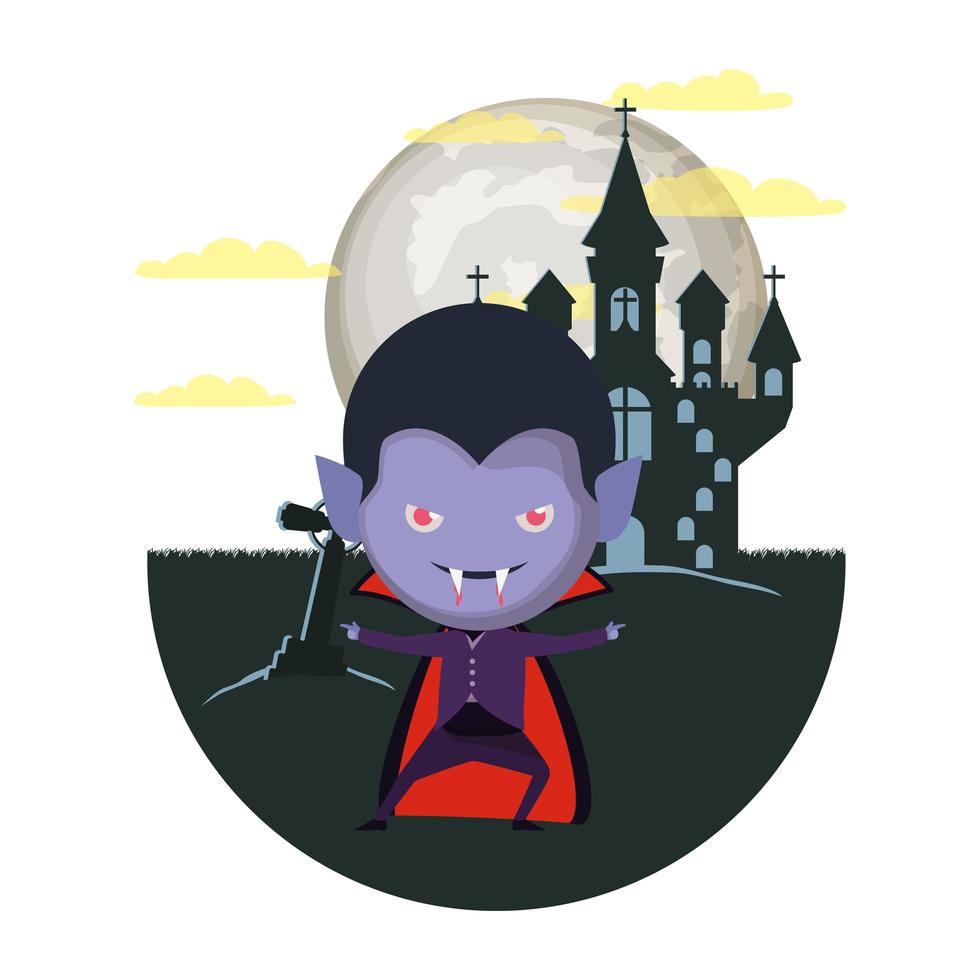 süßer kleiner Junge mit Dracula-Kostüm in dunkler Schlossszene vektor