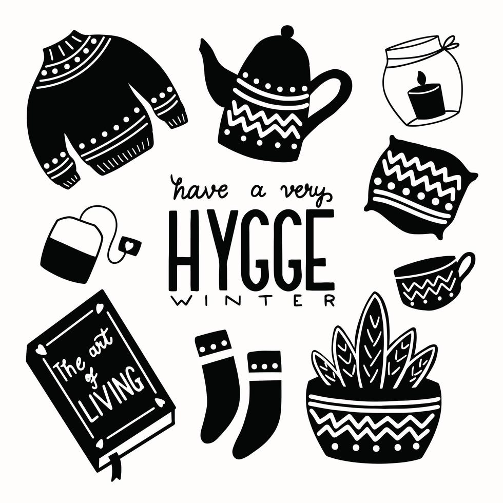 hygge-koncept med svartvita handbokstäver och illustrationdesign. skandinaviska folkmotiv. vektor