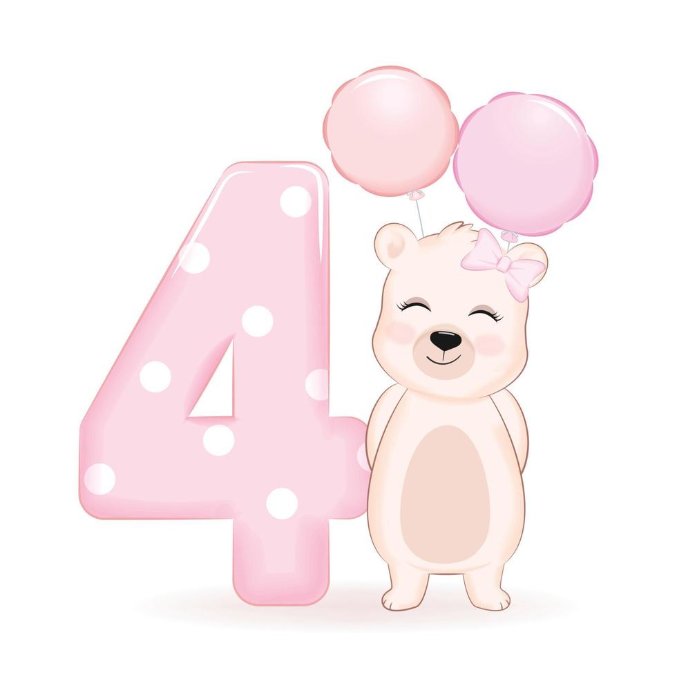 süßer kleiner Bär und Ballon, alles Gute zum Geburtstag 4 Jahre alt vektor