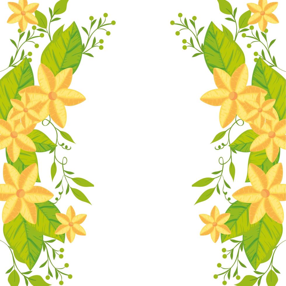Rahmen der niedlichen Blumen mit Blättern lokalisierte Ikone vektor