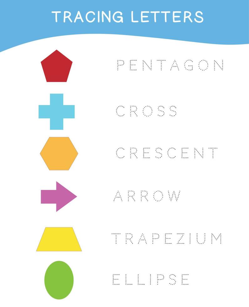 Buchstaben verfolgen. Arbeitsblatt zum Verfolgen von Namen von Formen. Schreiberfahrung. pädagogisches druckbares mathe-arbeitsblatt. bunte arbeitsblattseite. Vektordatei. vektor