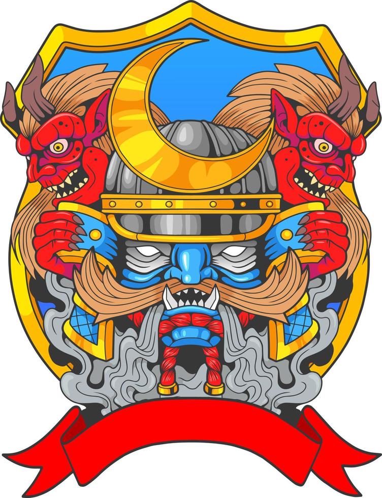 mytologisk japansk samuraj demon, svartvit illustration vektor