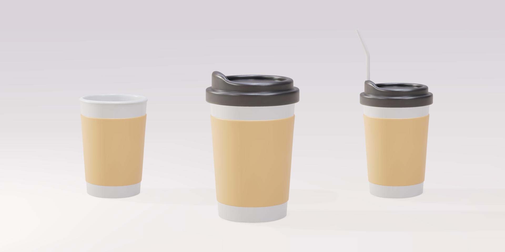 3d uppsättning av papper kaffe koppar med och utan en sugrör. vektor illustration.