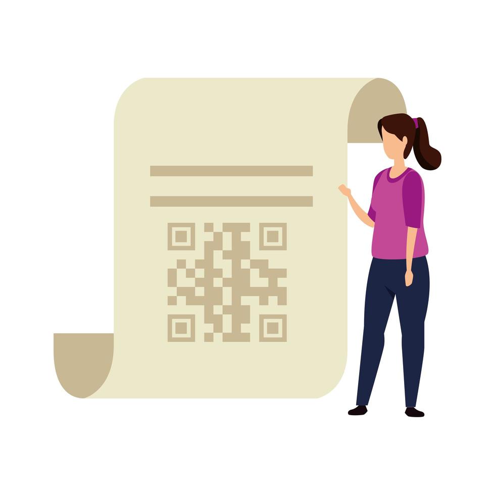 kvinna och papper med qr-kod isolerad ikon vektor