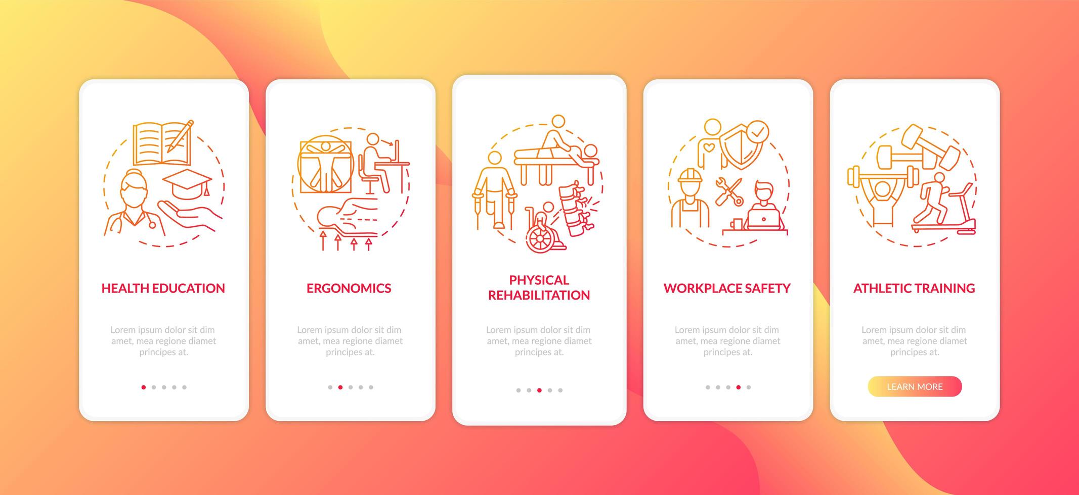 Red Onboarding Mobile App-Seitenbildschirm für Gesundheitserziehung mit Konzepten vektor