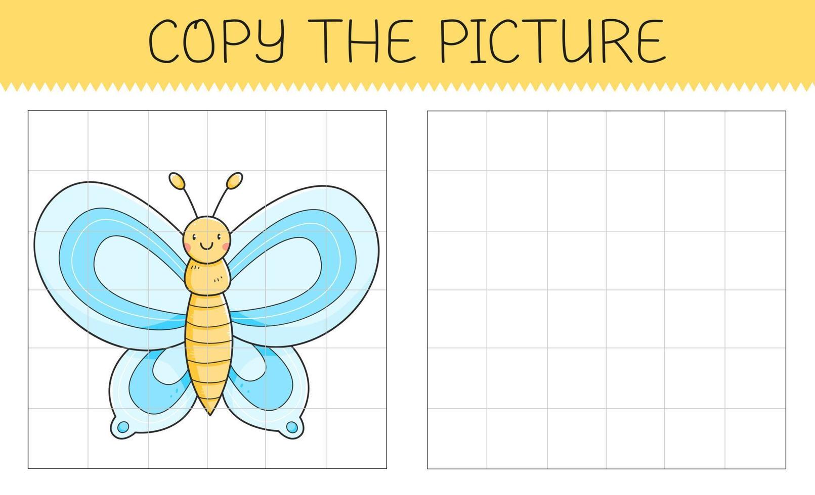 copy the picture ist ein Lernspiel für Kinder mit einem Schmetterling. niedlicher Cartoon-Schmetterling. Vektor-Illustration. vektor