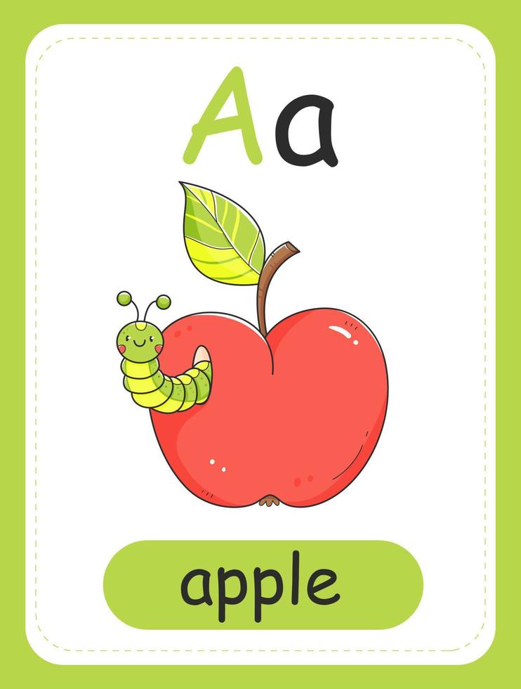 alphabetkarte für kinder mit dem buchstaben a und einem apfel mit raupe. Bildungskarte für Kinder. das Wort Apfel, das englische Alphabet. Vektor-Illustration. vektor