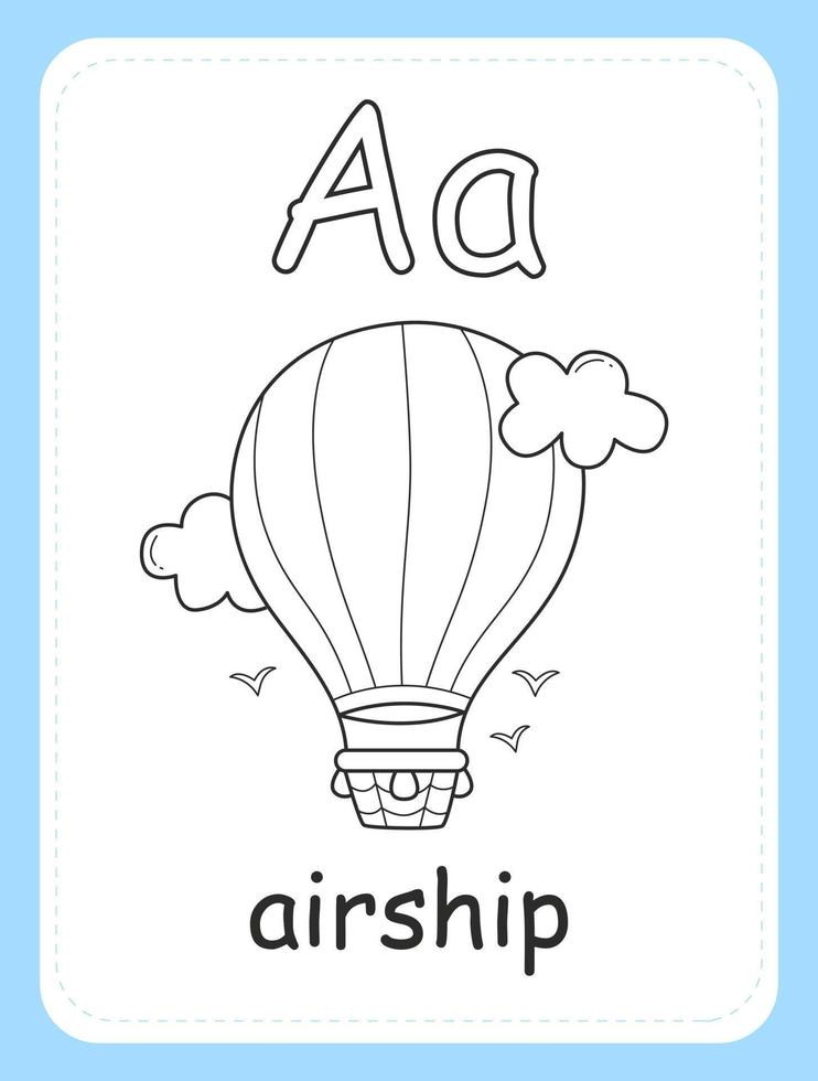alfabet färg bok kort för barn med de brev en och luftskepp. pedagogisk kort för ungar. de ord luftskepp, de engelsk alfabet. vektor illustration.
