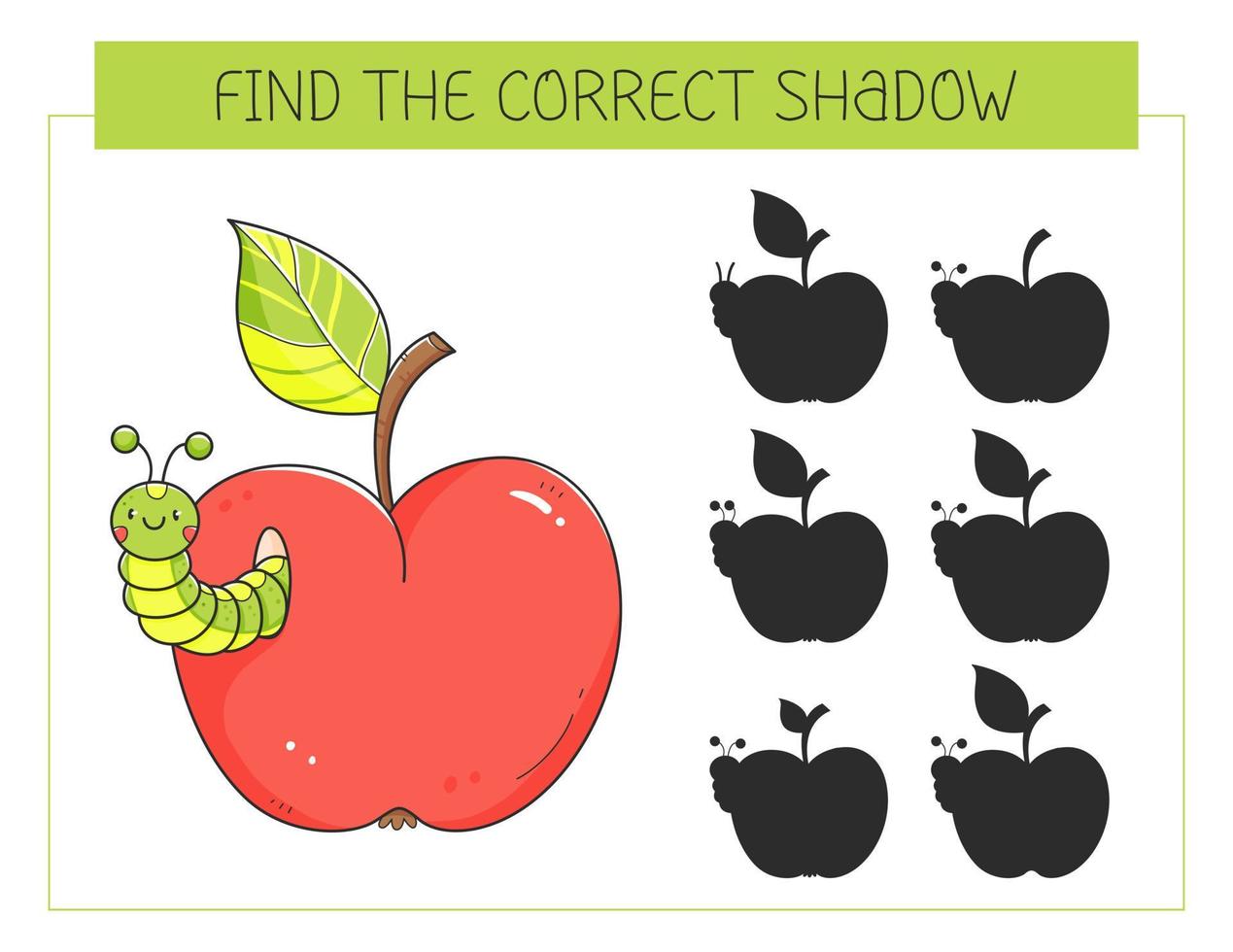 Finden Sie das richtige Schattenspiel mit einem Apfel und einer Raupe. Lernspiel für Kinder. süßer Cartoon-Apfel mit Wurm. Schatten-Matching-Spiel. Vektor-Illustration. vektor