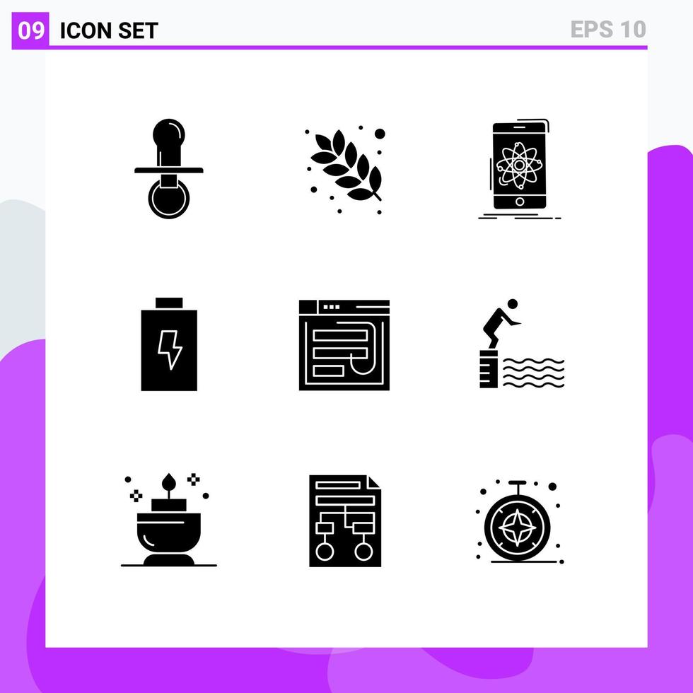 Gruppe von 9 modernen soliden Glyphen für die E-Mail-Aufladung Ernährung Batterieforschung editierbare Vektordesign-Elemente vektor