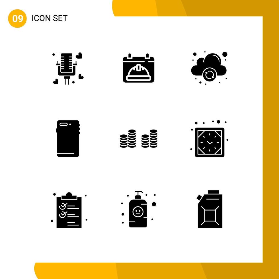 grupp av 9 fast glyfer tecken och symboler för mynt kamera moln tillbaka smart telefon redigerbar vektor design element