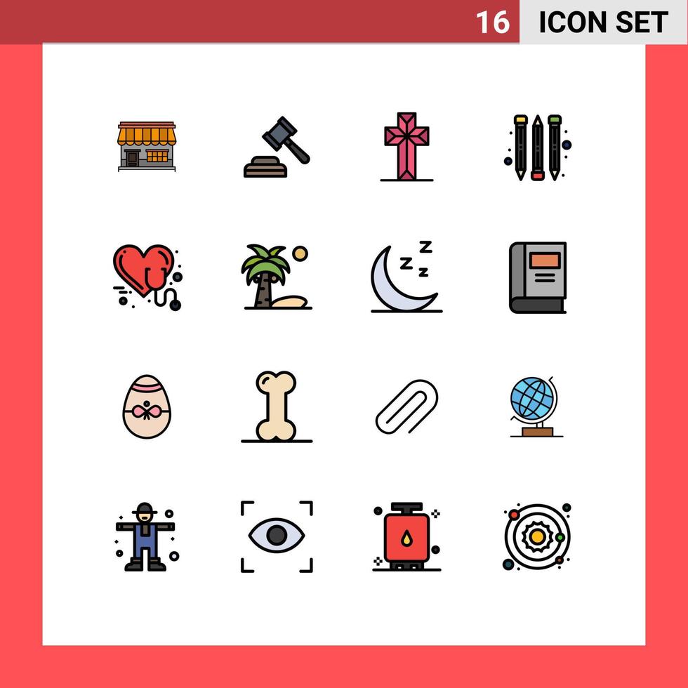 16 universelle, flache, farbgefüllte Linien für Web- und mobile Anwendungen, Stethoskop, Gesundheit, Feier, Pflege, Bleistift, editierbare, kreative Vektordesign-Elemente vektor