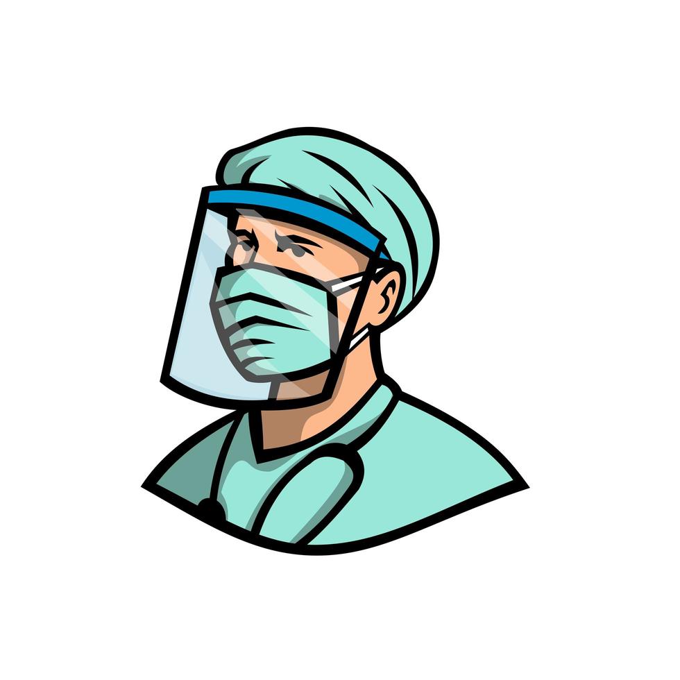 Arzt trägt Gesichtsmaske Maskottchen vektor