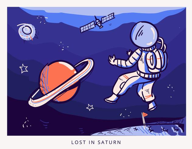 Möt Saturn Doodle Illustration Astronout Tappat i rymden vektor