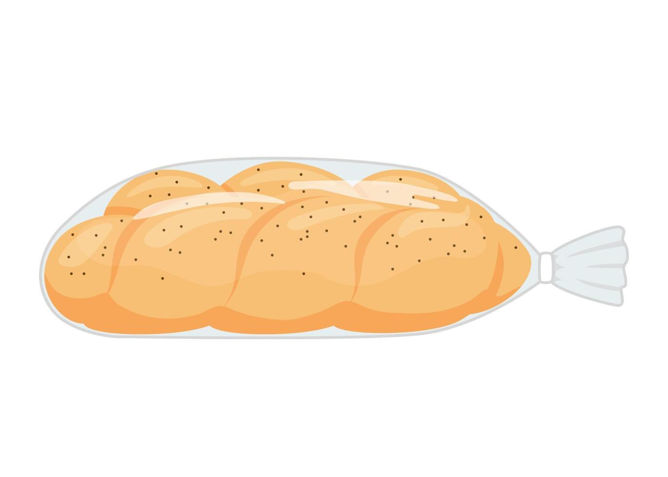 Barkis bröd i plast transparent förpackning. bakverk fläta bröd från vete i packa väska med klämma, bageri mat. limpa med vallmo. vektor illustration