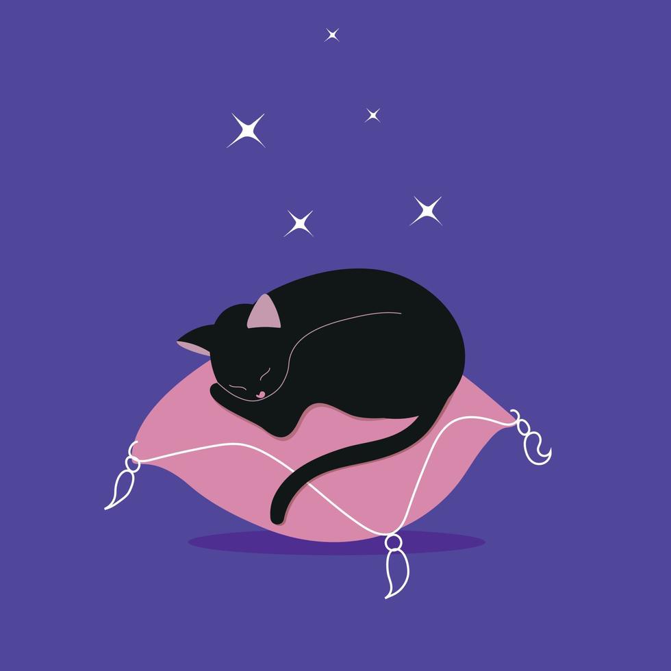 eine niedliche Katze schläft auf einem rosa Haustierkissen. Die Katze schläft und liegt auf einem weichen, gemütlichen Kissen. bequeme Wohnmöbel für Katzen. das kätzchen ruht sich aus. flache vektorillustration auf dunklem hintergrund vektor