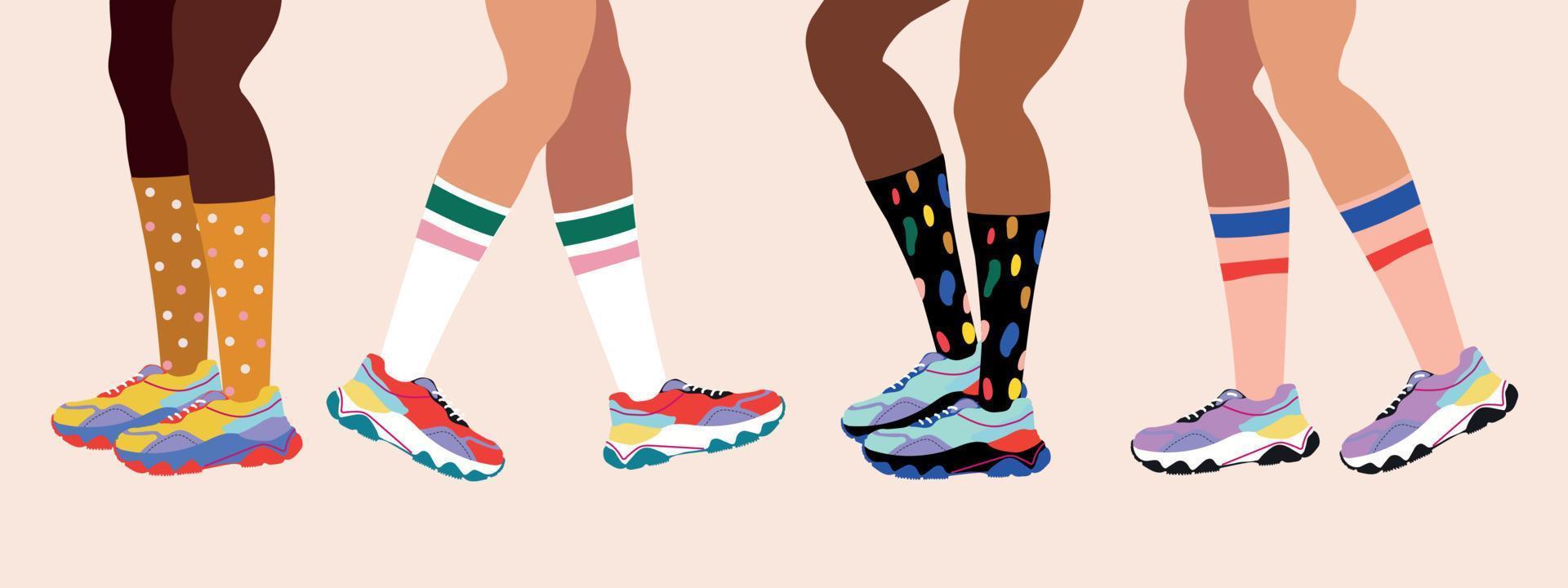 helle Turnschuhe und Beine. mädchen in bunten turnschuhen und socken. handgezeichnete modeillustration von beinen und schuhen. Frauenbeine. Web-Banner-Design in leuchtenden Farben. modernes Plakat. vektor