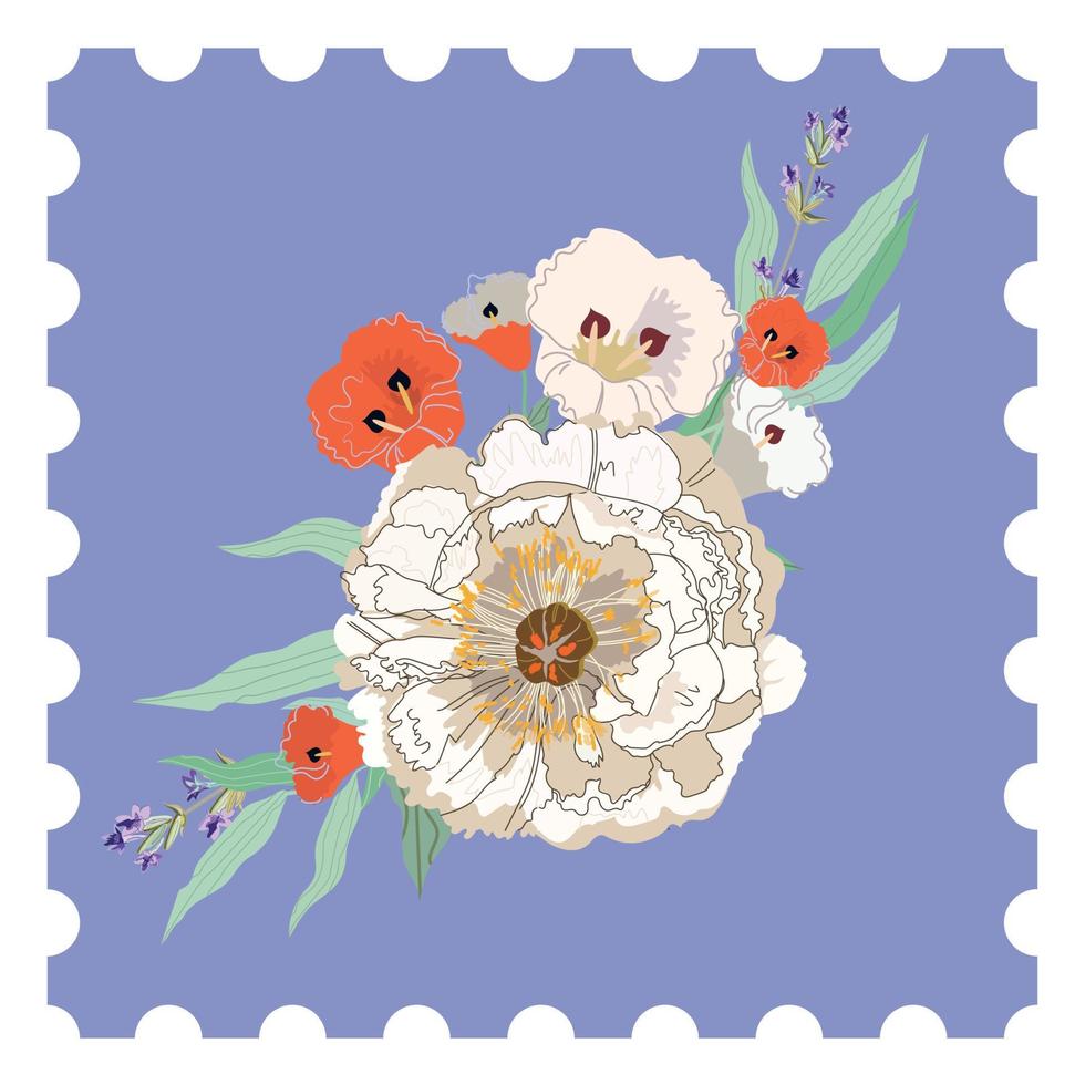 florale Briefmarke. Bouquet mit cremefarbenen Pfingstrosen, Lavendel auf violettem Hintergrund. hand gezeichnetes grußkartendesign im briefmarkenstil. moderne Vektorillustration für Netz und Druck. vektor