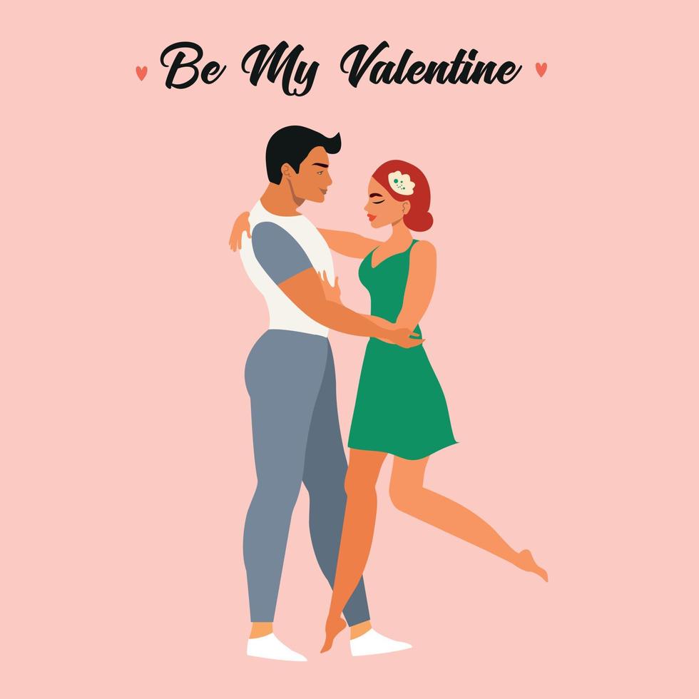 illustration zum valentinstag mit einem jungen verliebten paar. der typ und das mädchen lächeln und umarmen sich. süße Liebhaber vektor