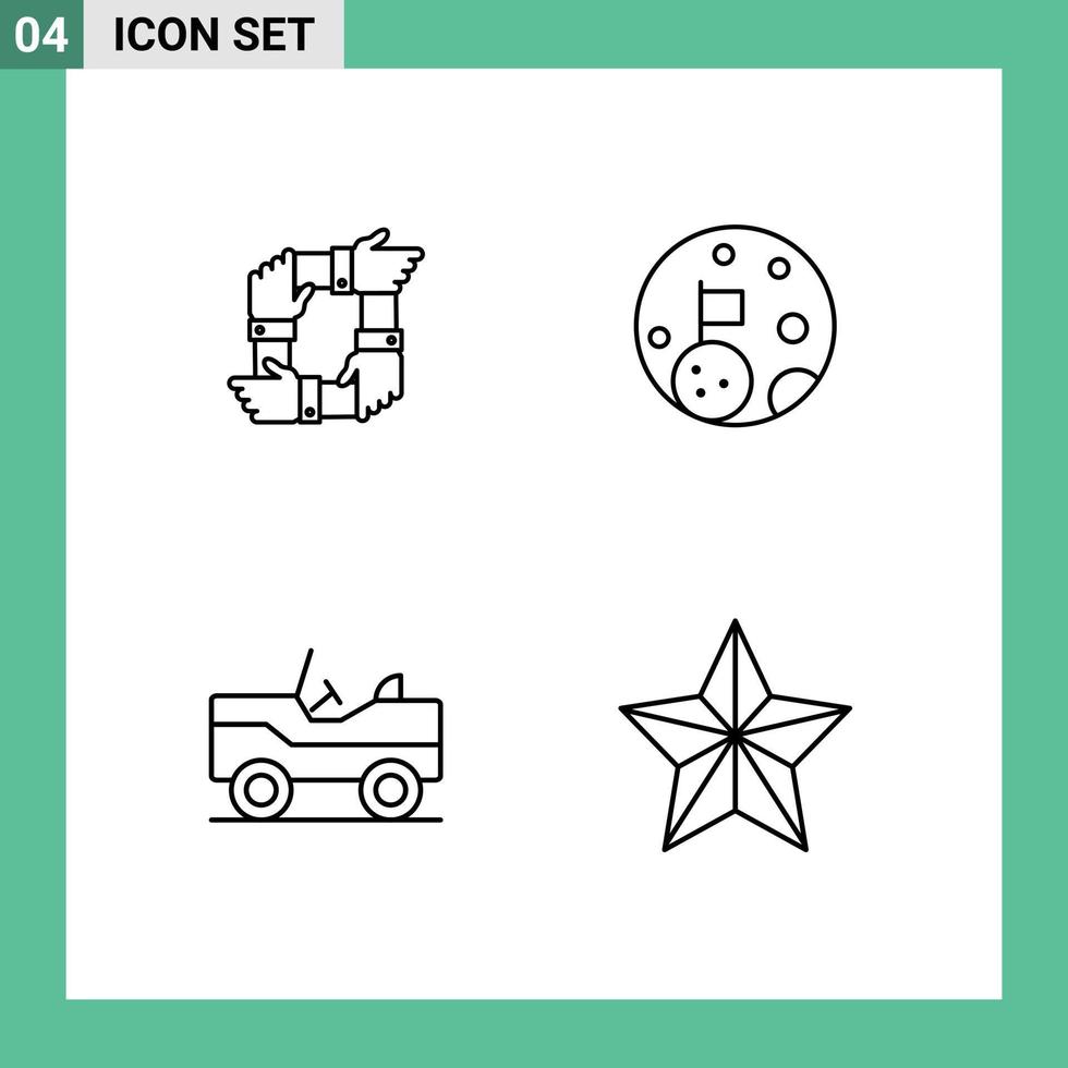 Stock Vector Icon Pack mit 4 Linienzeichen und Symbolen für Teamarbeit Planet Hände Mond Fahrzeug editierbare Vektordesign-Elemente