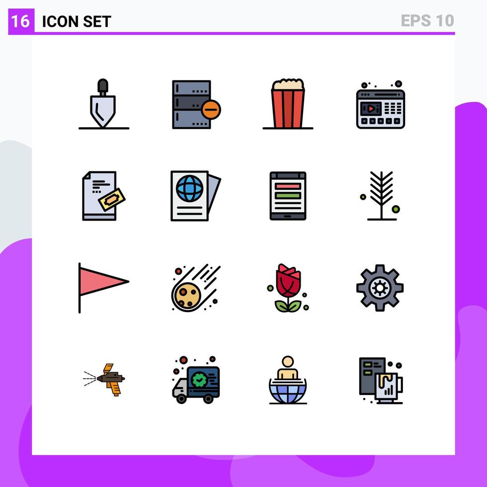 Flache, farbgefüllte Zeilenpackung mit 16 universellen Symbolen der Ticket-Website löschen editierbare kreative Vektordesign-Elemente des Web-Players vektor