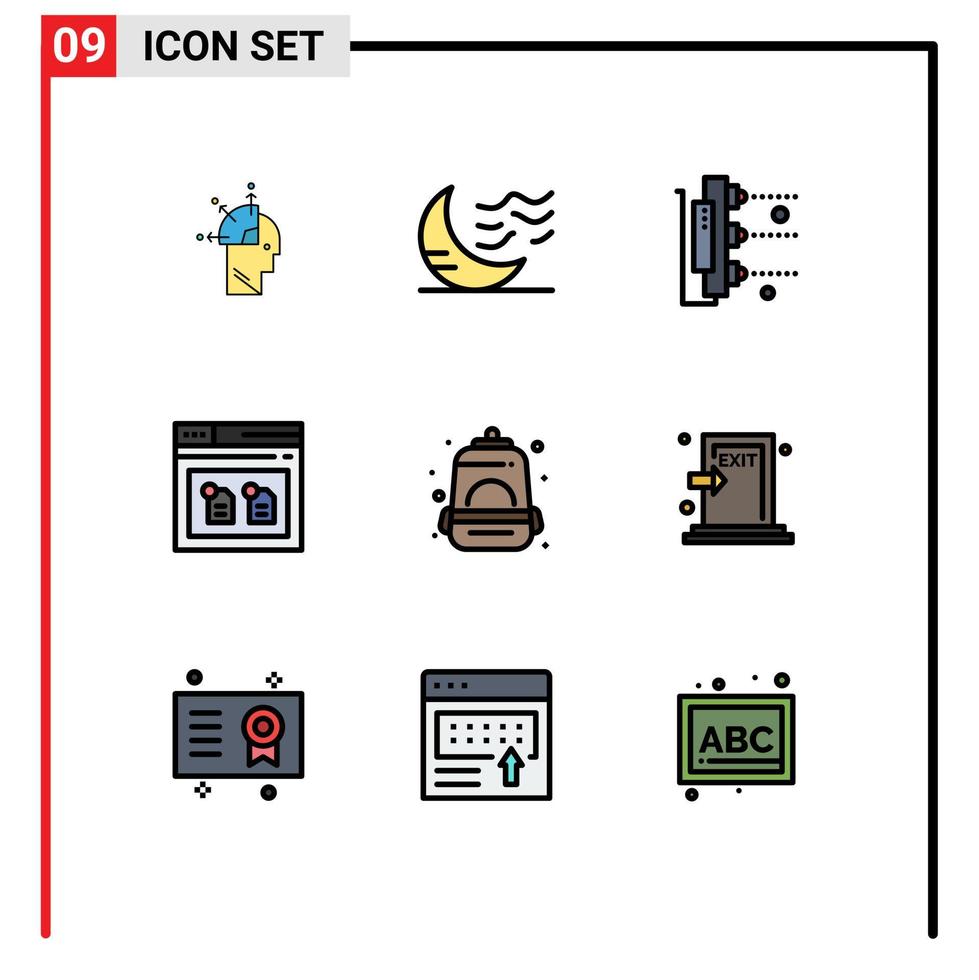 9 thematische Vektor-Fülllinien-Flachfarben und bearbeitbare Symbole von bearbeitbaren Vektordesign-Elementen für Rucksackdokument-Wetterbrowser-Scanner vektor
