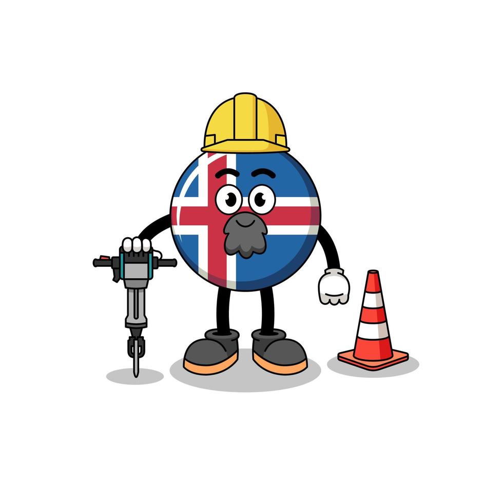 charakterkarikatur der isländischen flagge, die am straßenbau arbeitet vektor