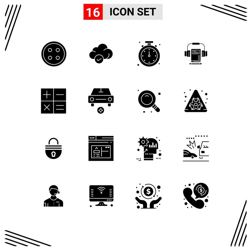 fast glyf packa av 16 universell symboler av bok audio teknologi musik mobil redigerbar vektor design element