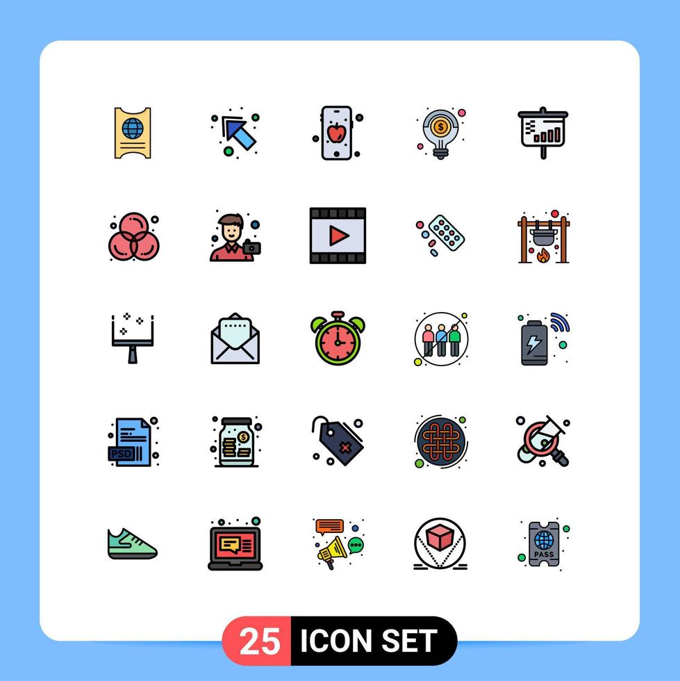 Stock Vector Icon Pack mit 25 Zeilenzeichen und Symbolen für die Glühbirne der Bildschirmleiste, Apfellösung, editierbare Vektordesignelemente