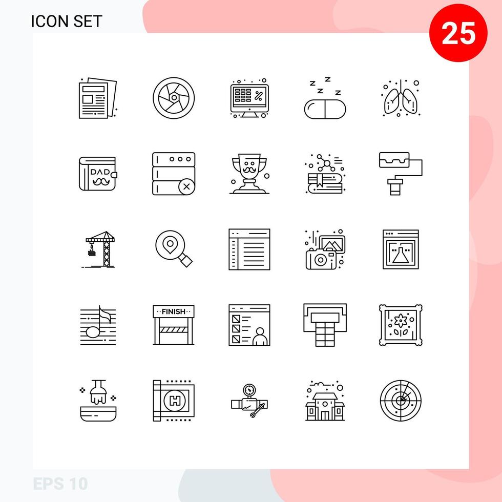 25 Benutzeroberflächen-Linienpaket mit modernen Zeichen und Symbolen für Gesundheitspillengeschäft, medizinisches Geld, editierbare Vektordesign-Elemente vektor