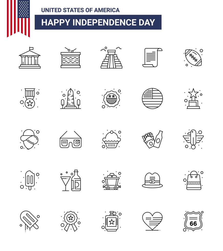 USA oberoende dag linje uppsättning av 25 USA piktogram av boll amerikan st text USA redigerbar USA dag vektor design element