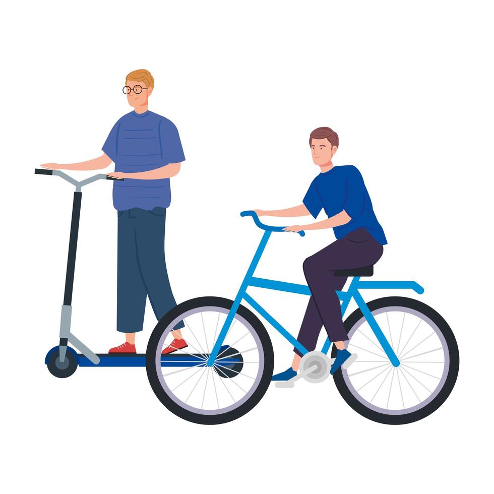 unga män med skoter och cykel avatar karaktär vektor