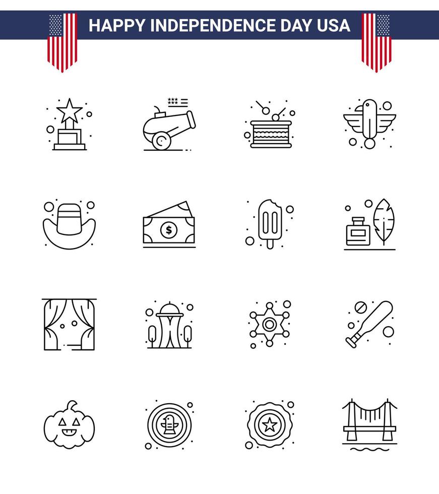 Stock Vektor Icon Pack mit American Day 16 Zeilenzeichen und Symbolen für American Eagle Drum Bird American Editable Usa Day Vector Design Elements